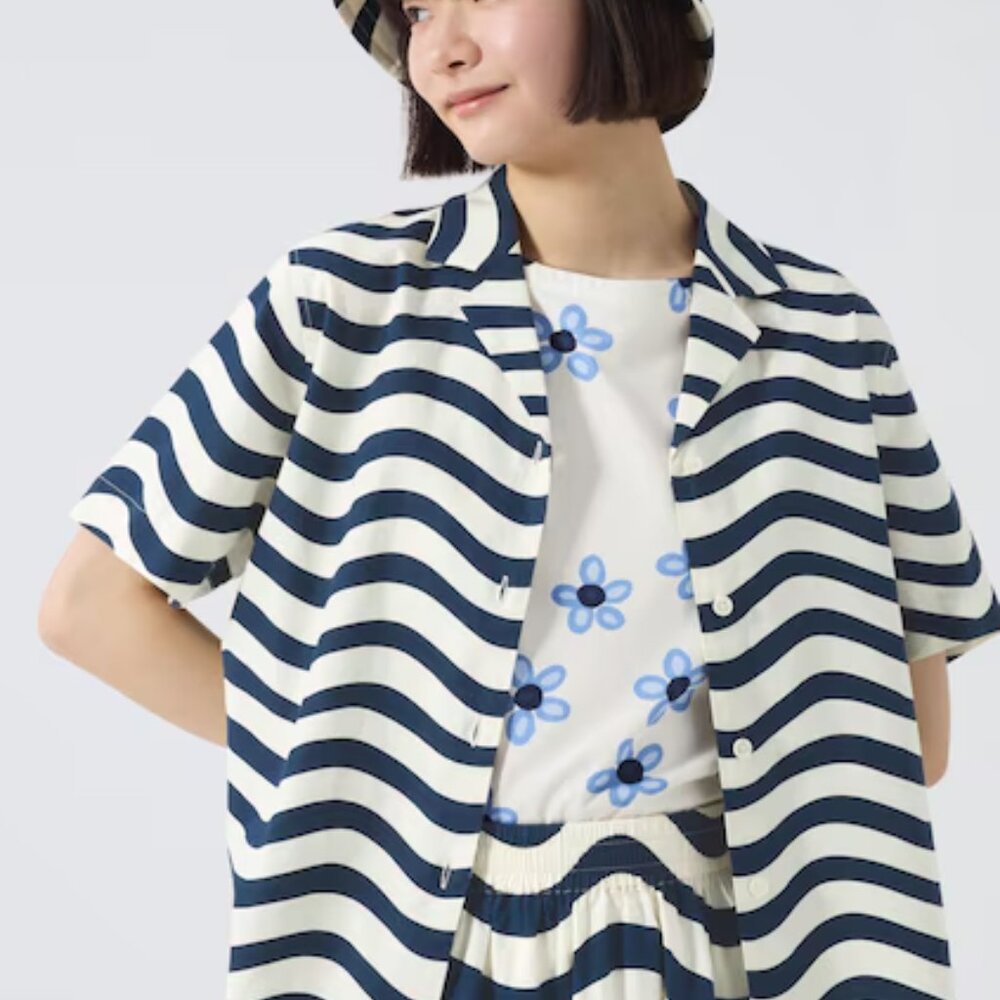 Marimekko Linen Blend Open Collar Short Sleeve Shirt